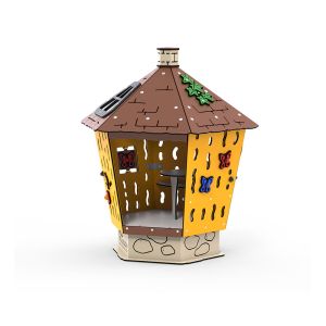 Kunststof speelhuisje met een tafeltje en twee bankjes aan de binnenkant en schuifjes aan de zijkant