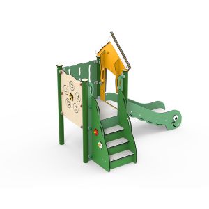 Kunststof mini-speeltoren met een glijbaan en een speelpaneel
