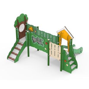 Kunststof speelcombinatie met een loopbrug, een glijbaan en speelpanelen voor kleine kinderen