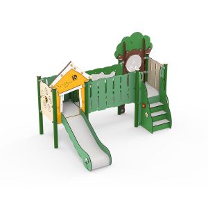Kunststof mini-speelcombinatie met glijbaan en verschillende speelpanelen. 