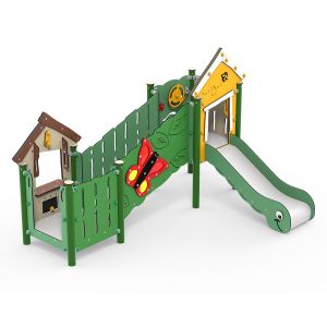 Kunststof speelcombinatie met speelwinkeltje, een loopbrug en een glijbaan