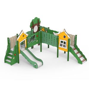 Kunststof mini-speelcombinatie met twee loopbruggen, een glijbanen en verschillende speelpanelen